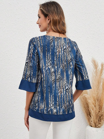 Graphic Print Flare Sleeve Blouse