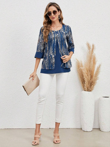 Graphic Print Flare Sleeve Blouse
