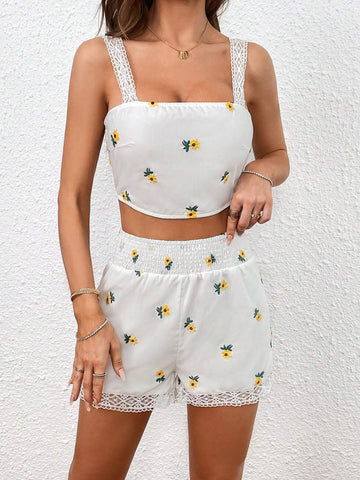 Floral Print Lace Trim Wide Strap Top & Shorts