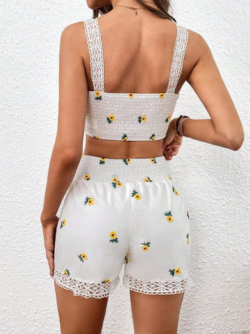 Floral Print Lace Trim Wide Strap Top & Shorts
