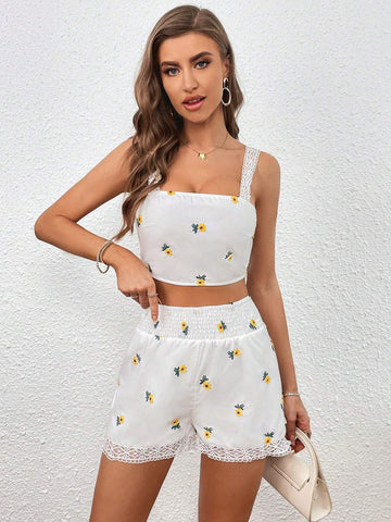 Floral Print Lace Trim Wide Strap Top & Shorts