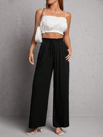 PETITE Solid Drawstring Waist Wide Leg Pants