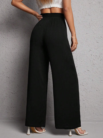 PETITE Solid Drawstring Waist Wide Leg Pants