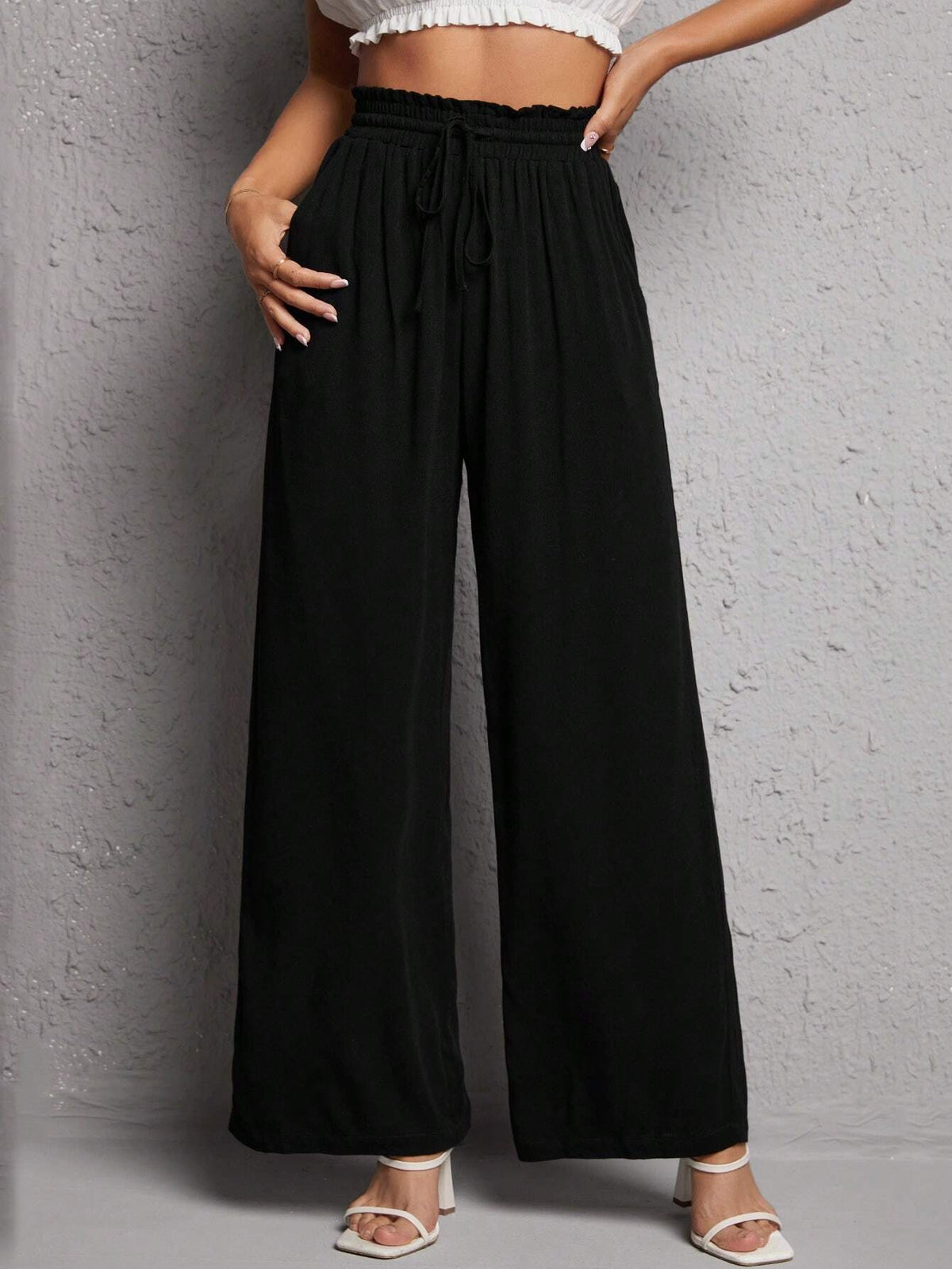 PETITE Solid Drawstring Waist Wide Leg Pants