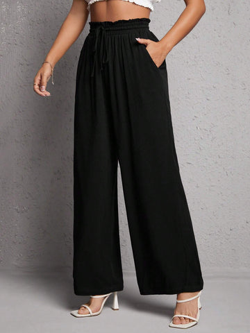 PETITE Solid Drawstring Waist Wide Leg Pants