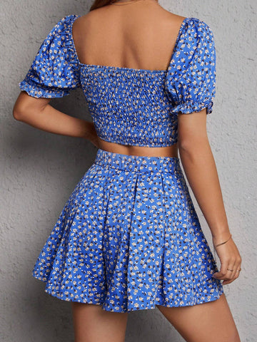 Ditsy Floral Print Twist Front Crop Top & Fold Pleated Skort