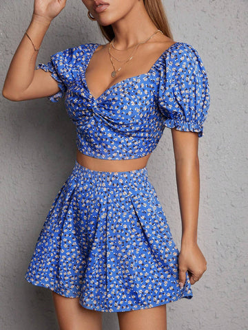 Ditsy Floral Print Twist Front Crop Top & Fold Pleated Skort
