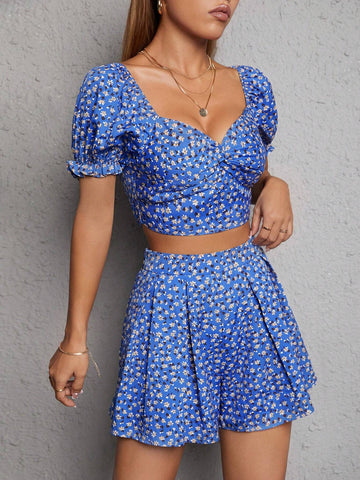 Ditsy Floral Print Twist Front Crop Top & Fold Pleated Skort