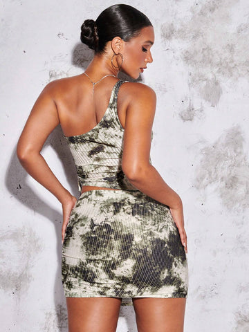 Tie Dye One Shoulder Drawstring Side Crop Top & Bodycon Skirt