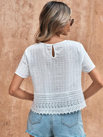 Contrast Guipure Lace Swiss Dot Blouse