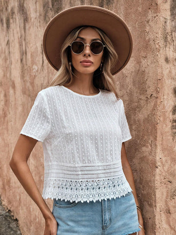 Contrast Guipure Lace Swiss Dot Blouse