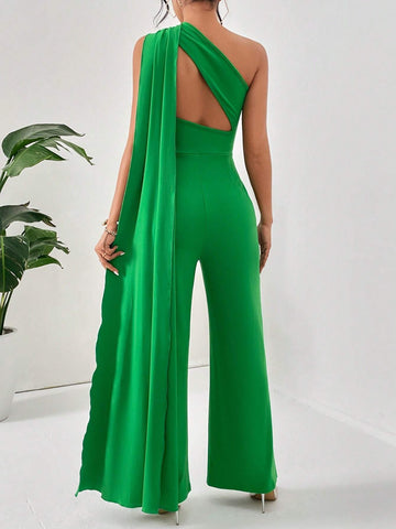 One Shoulder Draped Side Wide Leg Jumpsuit