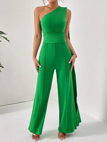 One Shoulder Draped Side Wide Leg Jumpsuit
