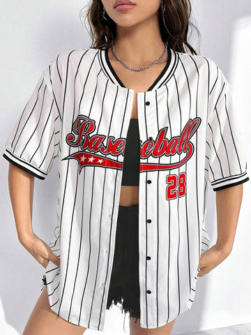 Striped & Letter Graphic Drop Shoulder Baseball Collar Shirt