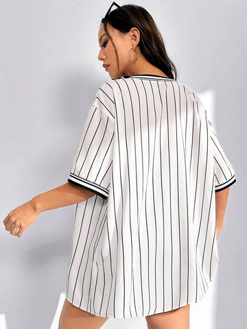 Striped & Letter Graphic Drop Shoulder Baseball Collar Shirt