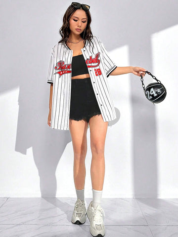Striped & Letter Graphic Drop Shoulder Baseball Collar Shirt