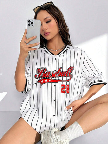 Striped & Letter Graphic Drop Shoulder Baseball Collar Shirt