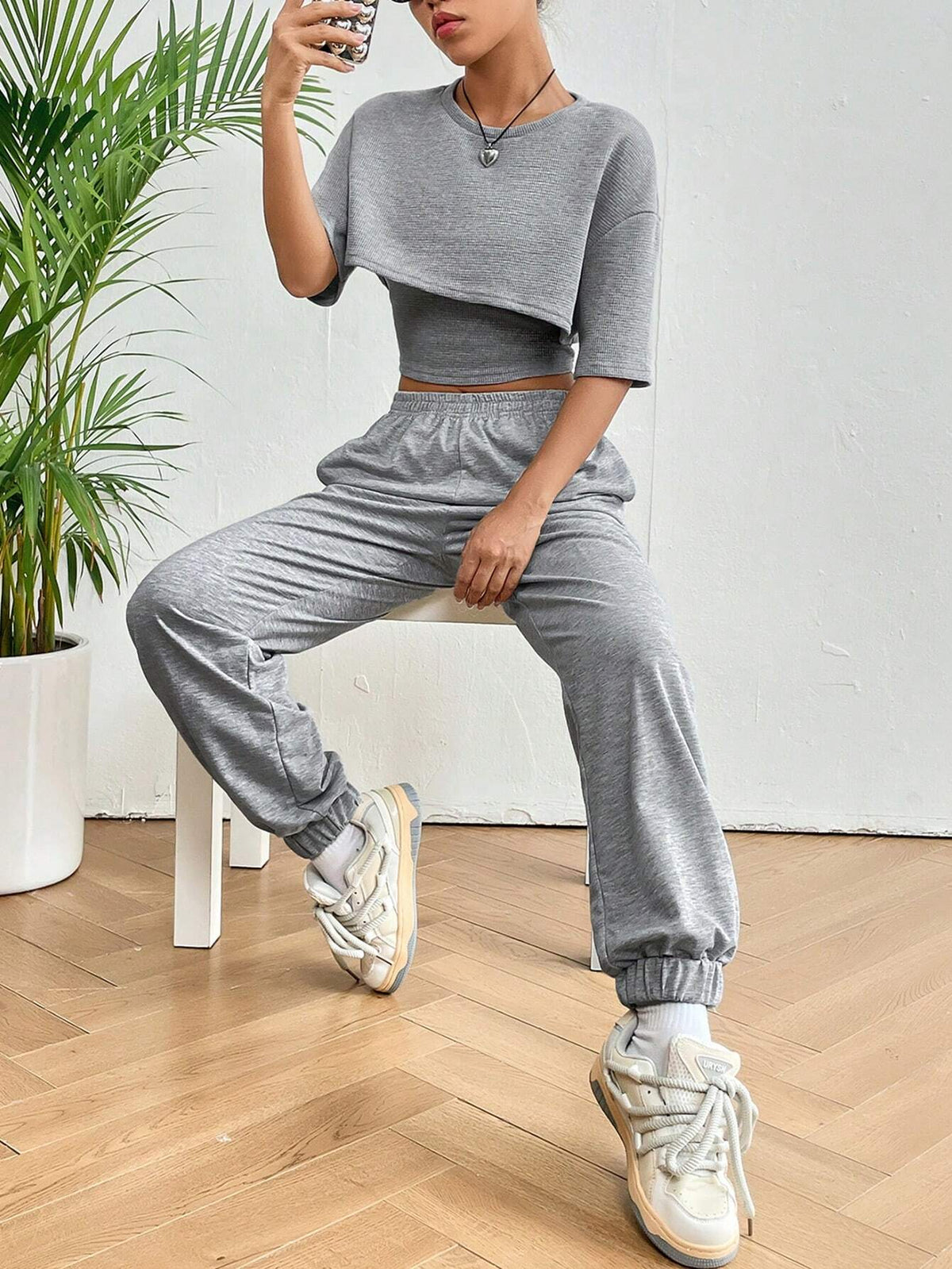 Drop Shoulder Crop Tee & Cami Top & Sweatpants
