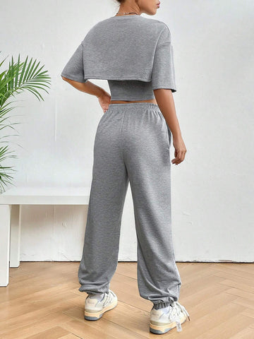 Drop Shoulder Crop Tee & Cami Top & Sweatpants
