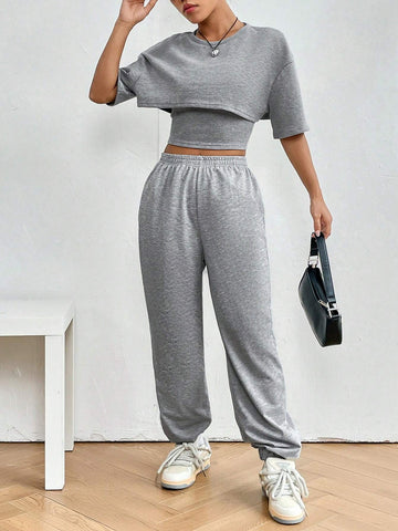Drop Shoulder Crop Tee & Cami Top & Sweatpants