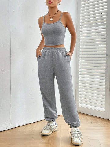 Drop Shoulder Crop Tee & Cami Top & Sweatpants