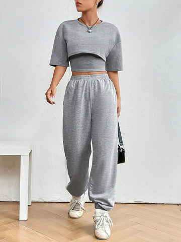 Drop Shoulder Crop Tee & Cami Top & Sweatpants