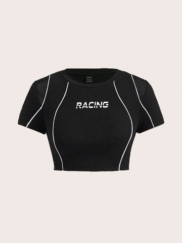 Letter Graphic Contrast Piping Crop Tee