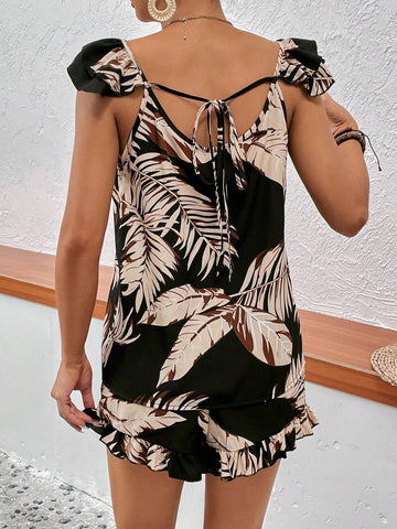 Tropical Print Ruffle Trim Top & Shorts