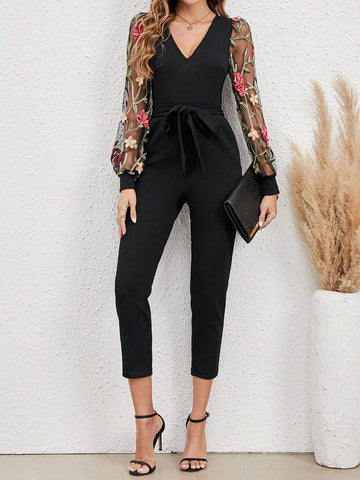 EMERY ROSE Floral Embroidery Mesh Sleeve Belted Jumpsuit