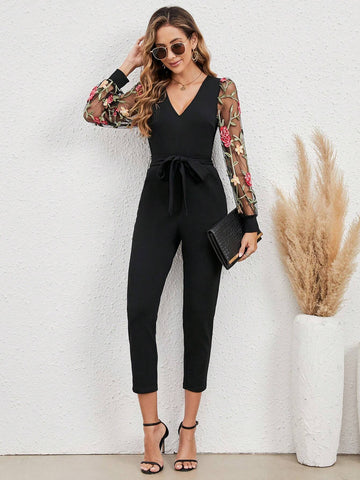 EMERY ROSE Floral Embroidery Mesh Sleeve Belted Jumpsuit