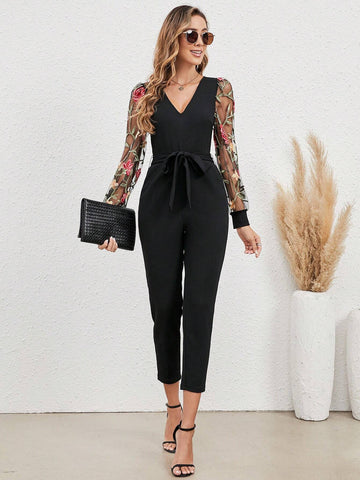 EMERY ROSE Floral Embroidery Mesh Sleeve Belted Jumpsuit