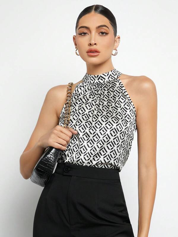 Geo Print Keyhole Back Halter Neck Blouse