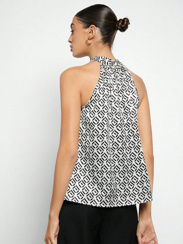 Geo Print Keyhole Back Halter Neck Blouse