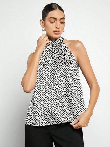 Geo Print Keyhole Back Halter Neck Blouse