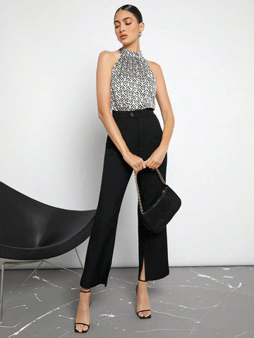 Geo Print Keyhole Back Halter Neck Blouse