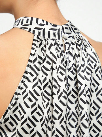Geo Print Keyhole Back Halter Neck Blouse