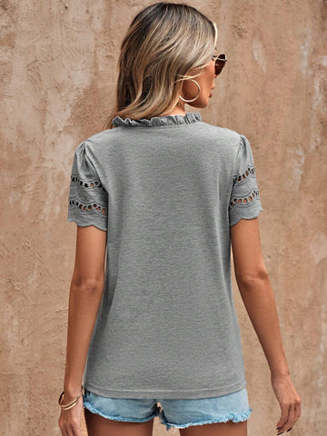 Solid Notched Neckline Scallop Trim Tee