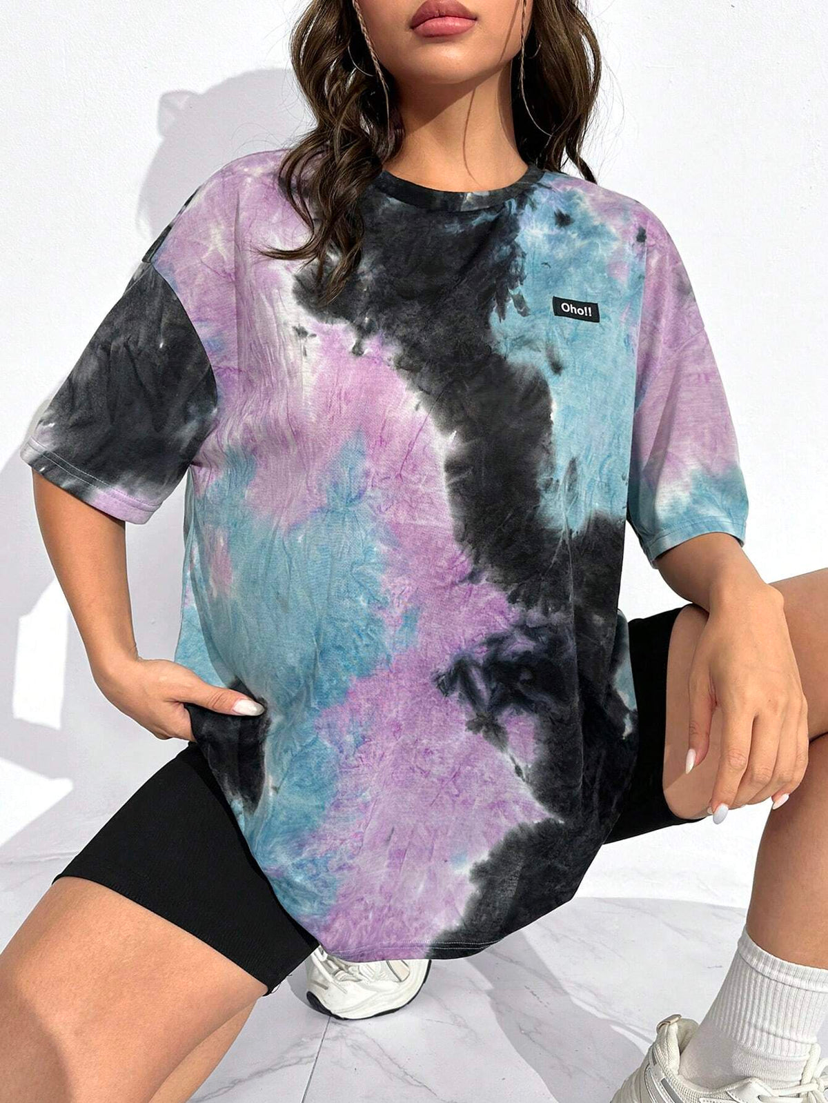 EZwear Tie Dye Letter Patched Drop Shoulder Tee
