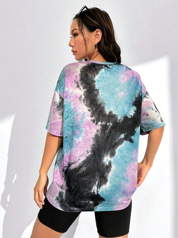 EZwear Tie Dye Letter Patched Drop Shoulder Tee