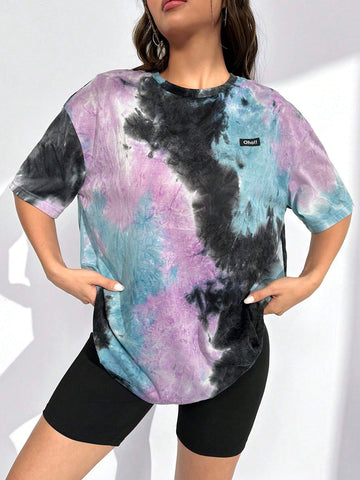 EZwear Tie Dye Letter Patched Drop Shoulder Tee
