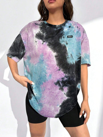 EZwear Tie Dye Letter Patched Drop Shoulder Tee