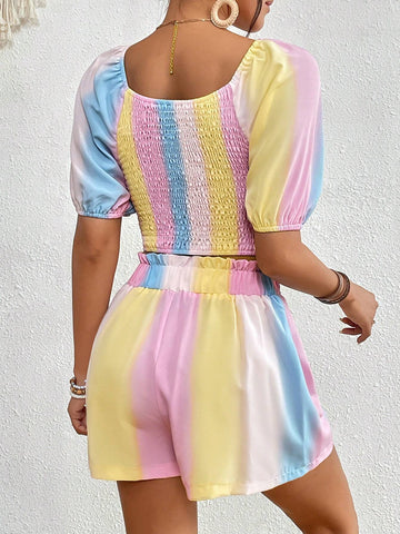 Ombre Ruched Front Puff Sleeve Crop Top & Paperbag Waist Shorts