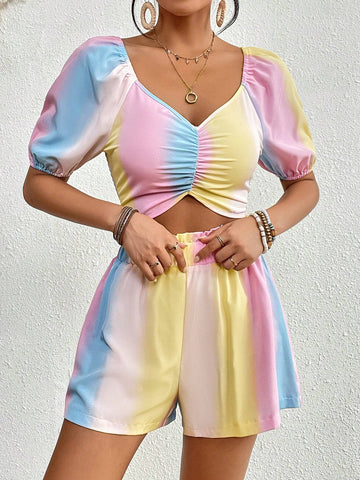 Ombre Ruched Front Puff Sleeve Crop Top & Paperbag Waist Shorts