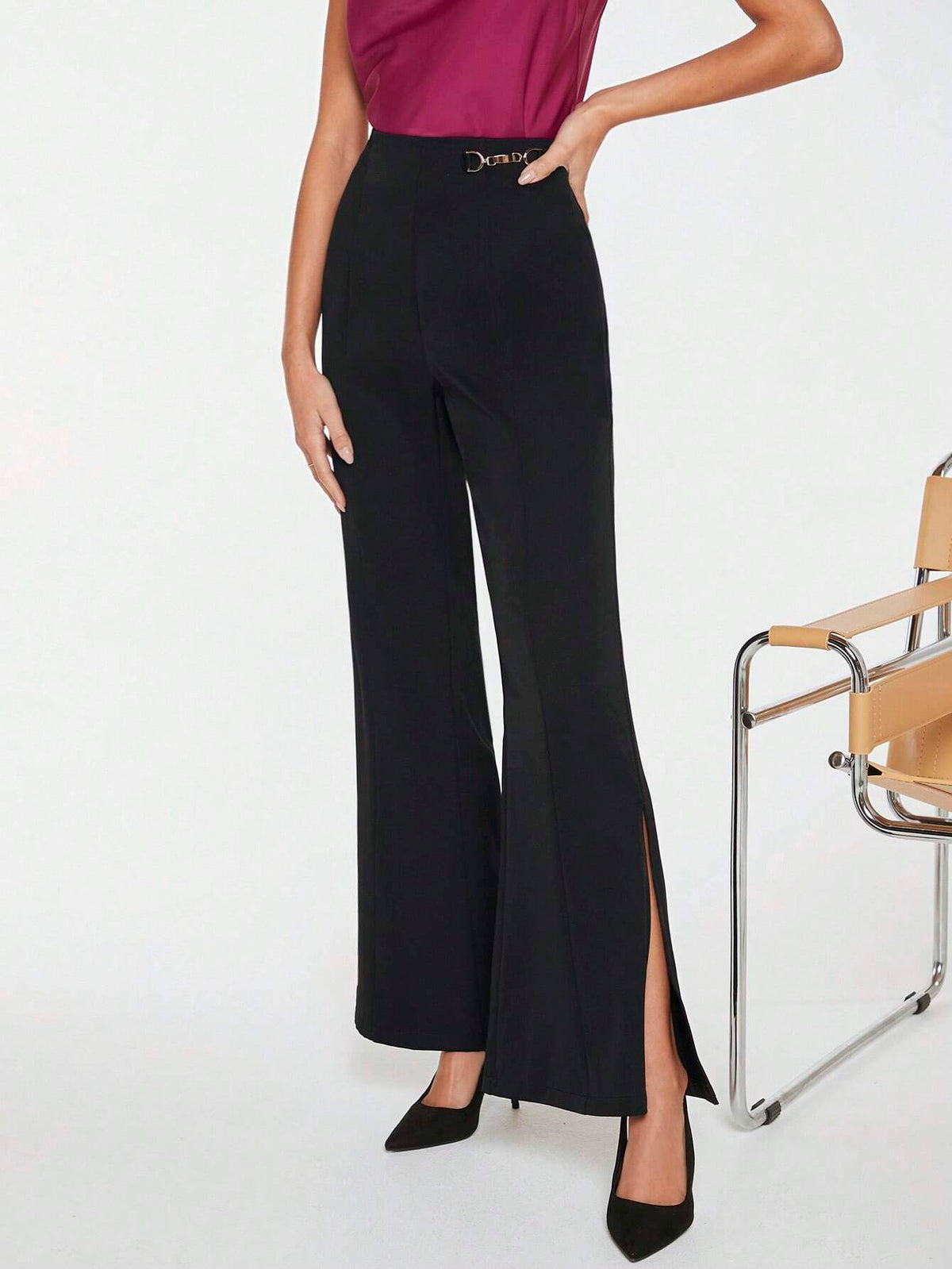 BIZwear Chain Detail Split Hem Flare Leg Pants