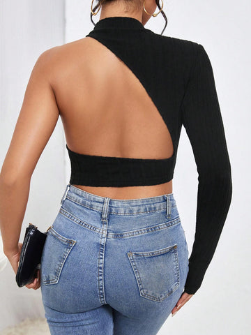 Solid Asymmetrical Shoulder Backless Crop Tee