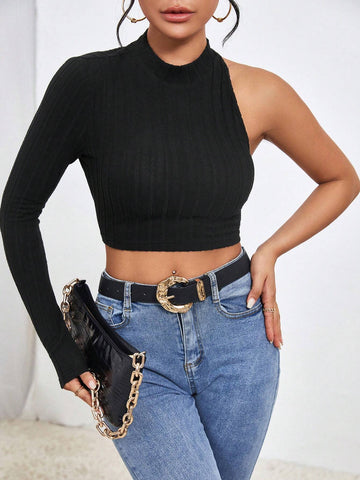 Solid Asymmetrical Shoulder Backless Crop Tee