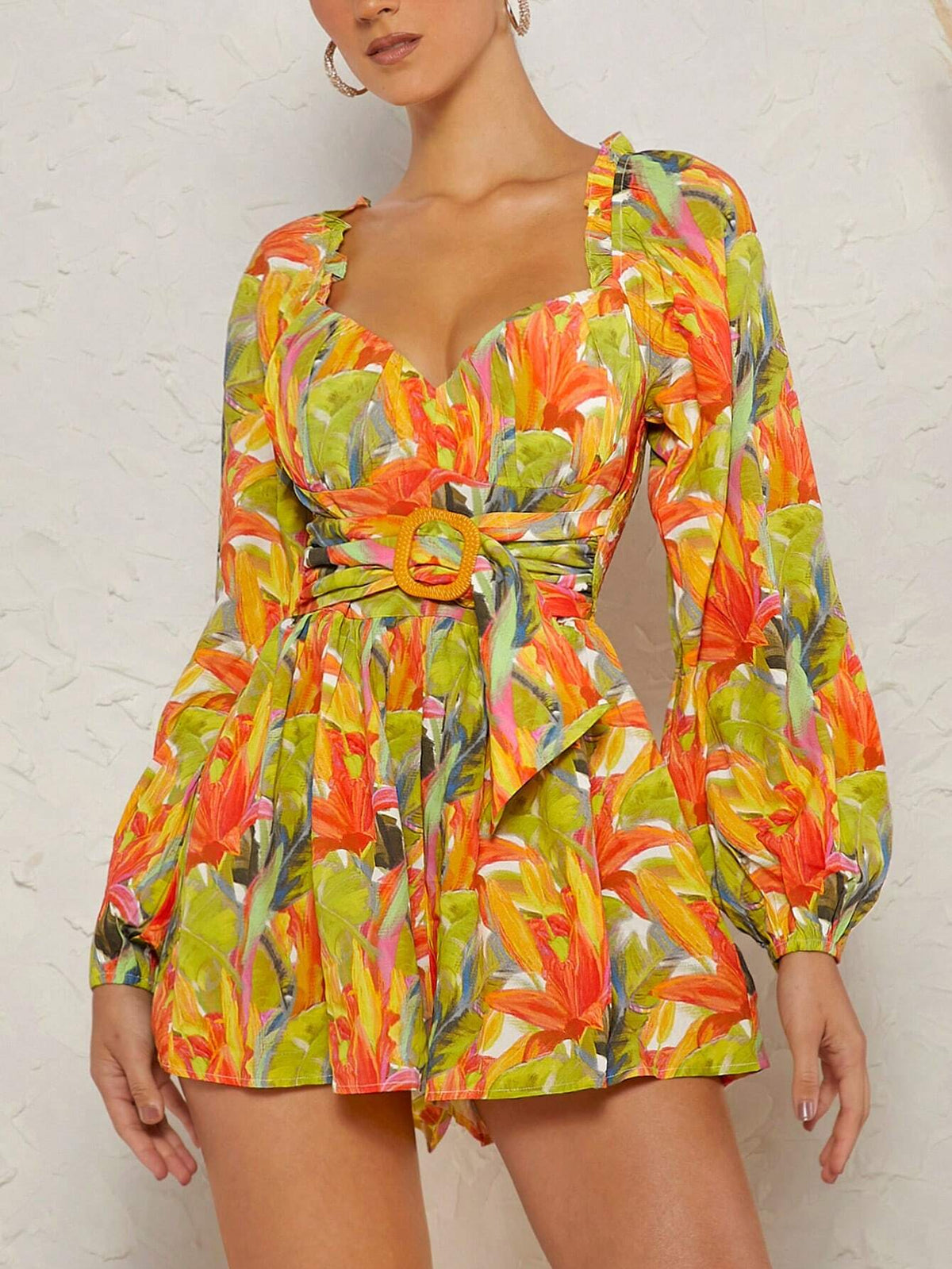 Tropical Print Sweetheart Neck Lantern Sleeve Buckle Front Romper