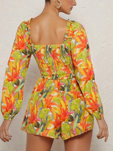 Tropical Print Sweetheart Neck Lantern Sleeve Buckle Front Romper