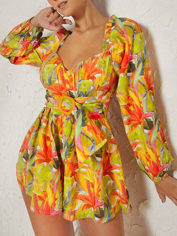 Tropical Print Sweetheart Neck Lantern Sleeve Buckle Front Romper