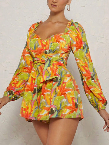Tropical Print Sweetheart Neck Lantern Sleeve Buckle Front Romper